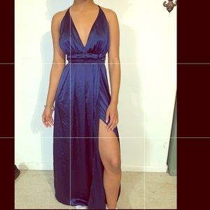 Deep V Neck Backless Split Silky Long Dress XS